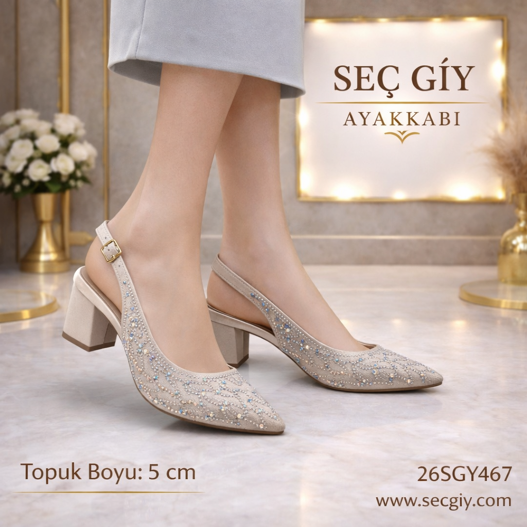 Bej Taş İşlemeli Sivri Burun Kadın Topuklu Ayakkabı – 5 cm