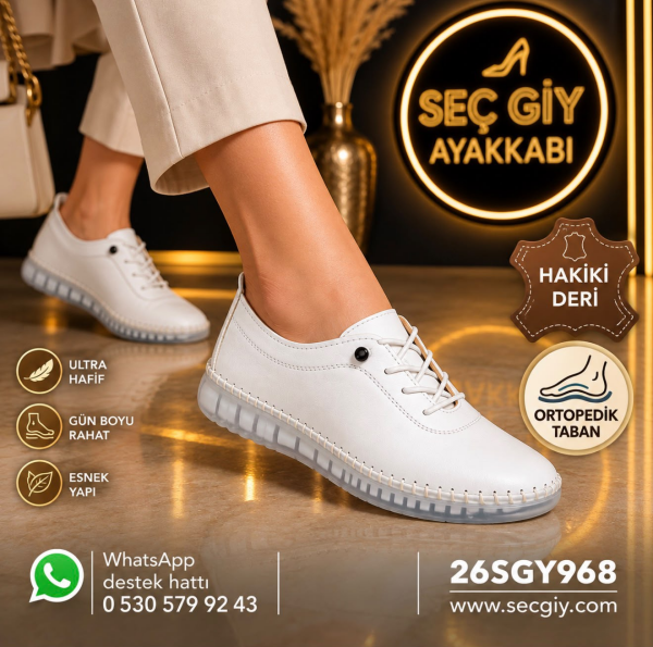 Beyaz Hakiki Deri Ortopedik Kadın Ayakkabı – Ultra Hafif Esnek ve Rahat