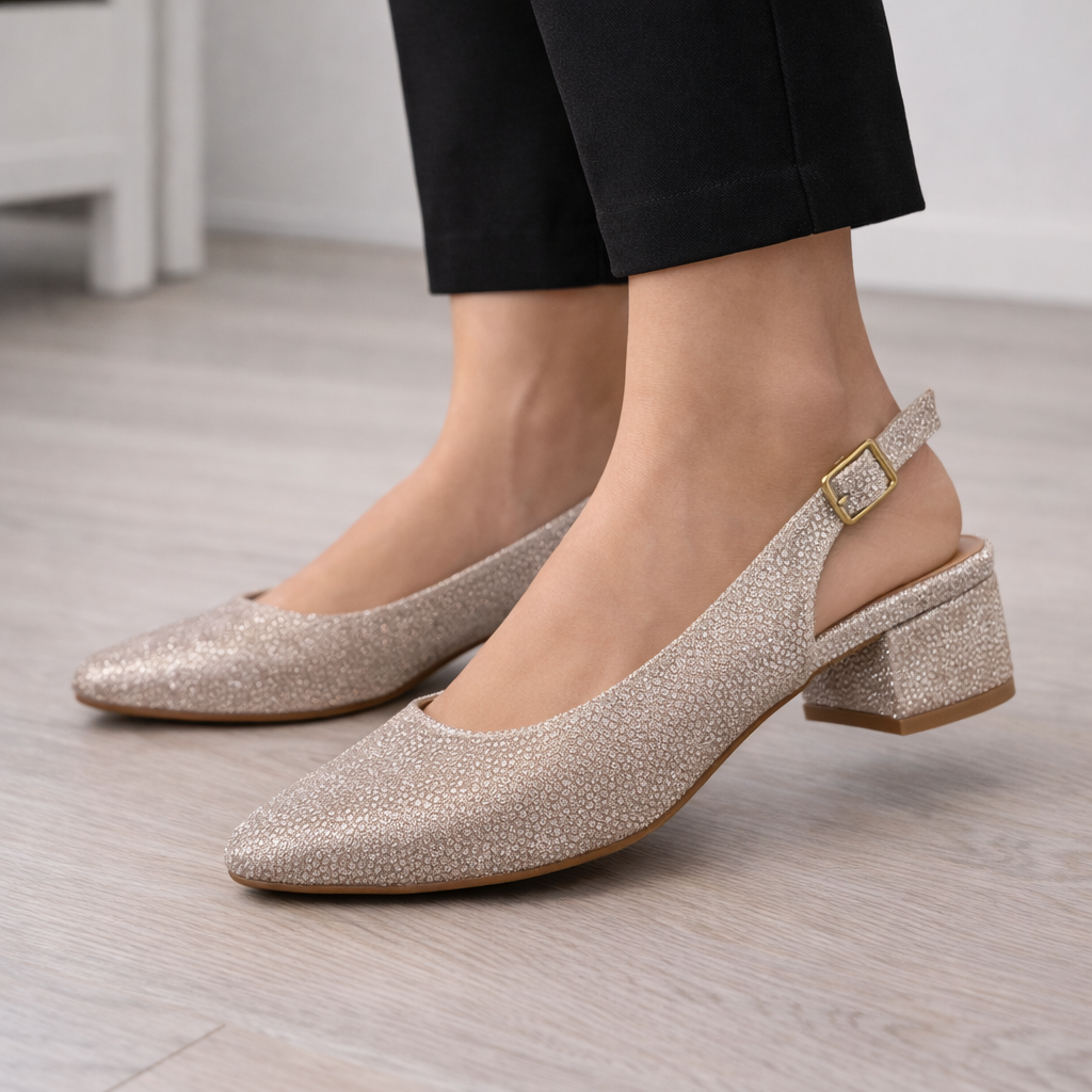 Bej Simli Düşük Topuk  Abiye Ayakkabı