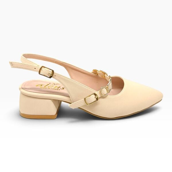 Bej Taş Aksesuarlı Sivri Burun Kadın Babet – Şık 3 cm Topuklu Slingback Ayakkabı
