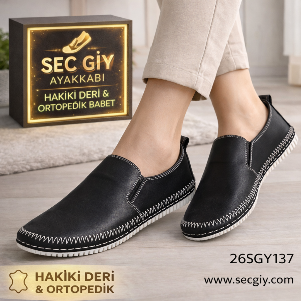 Siyah Hakiki Deri Ortopedik Bayan Babet – Günlük Rahat Ayakkabı