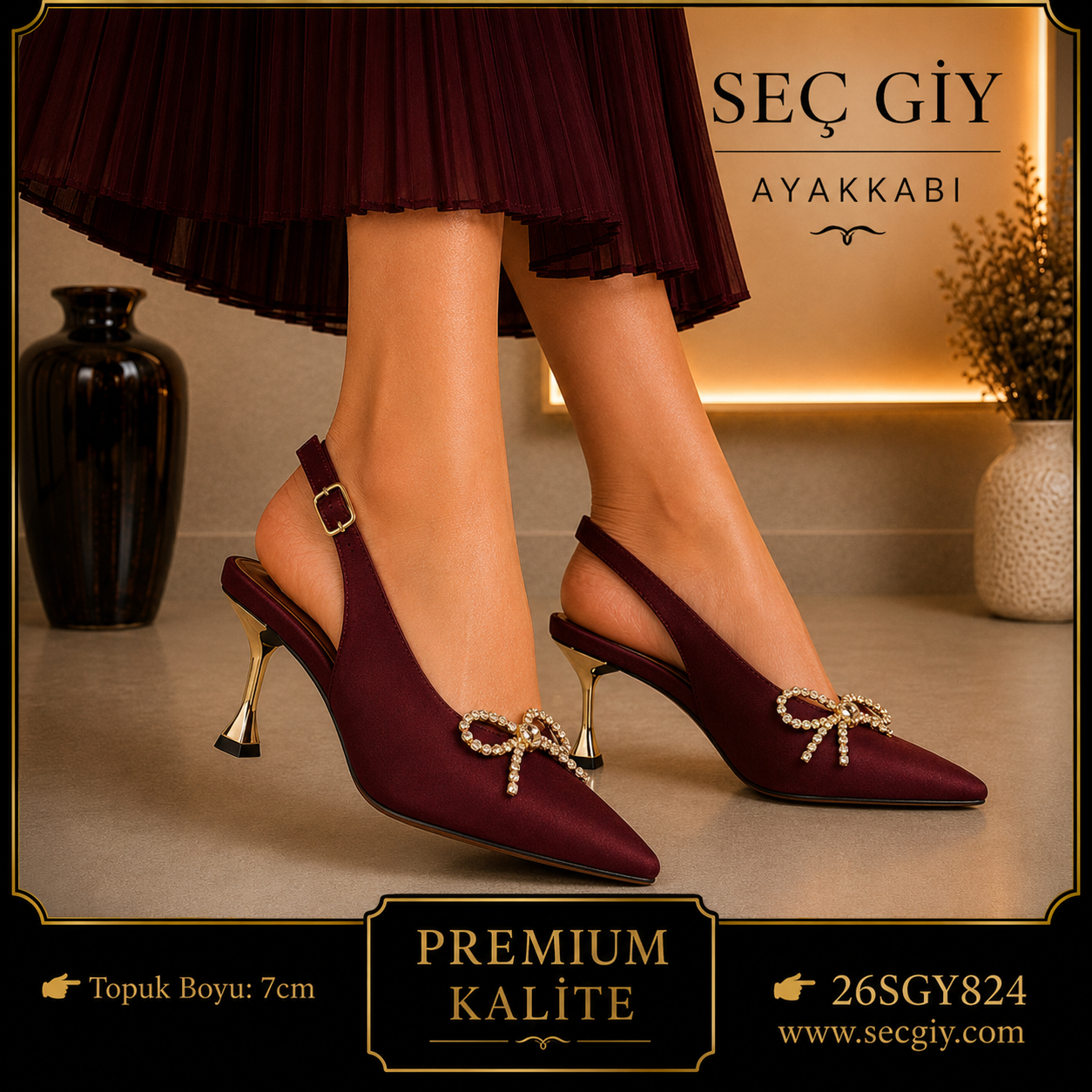 Bordo Taş Fiyonk Detaylı Kadın Stiletto Topuklu Ayakkabı 7 cm