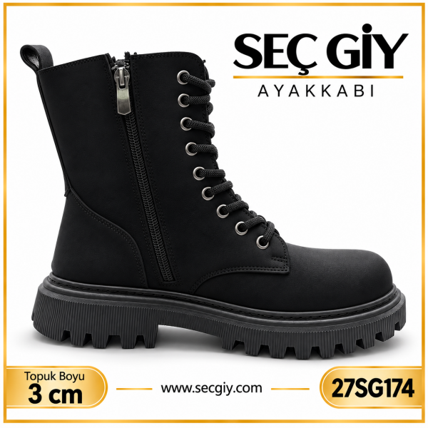 Kadın Siyah Bağcıklı Postal Bot 3 cm Kalın Tabanlı Fermuarlı Günlük Bot