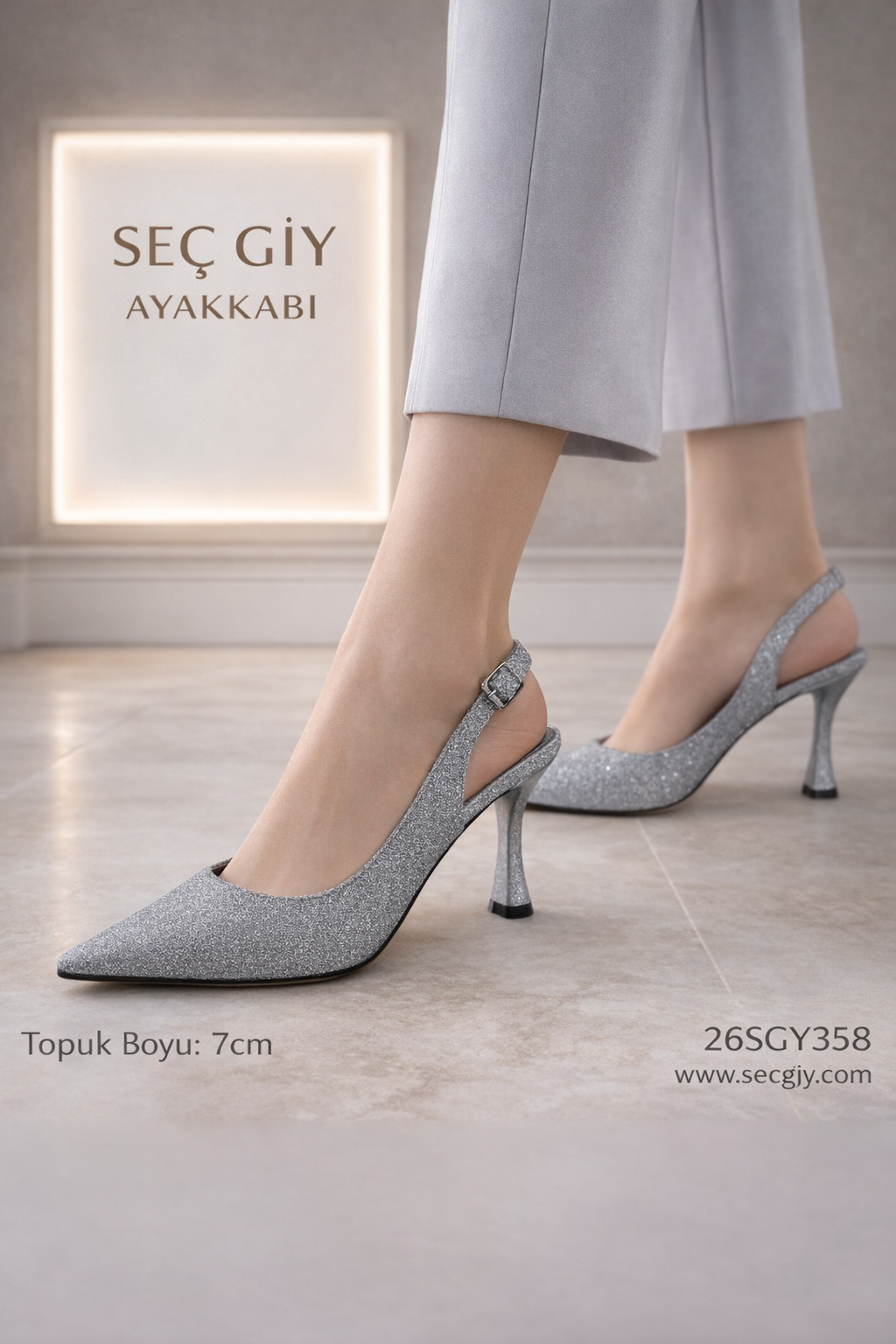 Gümüş Simli 7 cm İnce Topuklu Slingback Kadın Ayakkabı – Sivri Burun Abiye Model