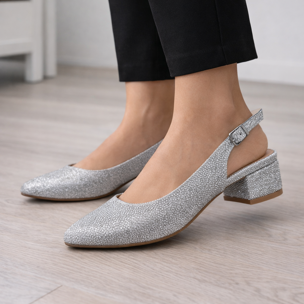 Gümüş Simli Kalın Topuk  Abiye Ayakkabı