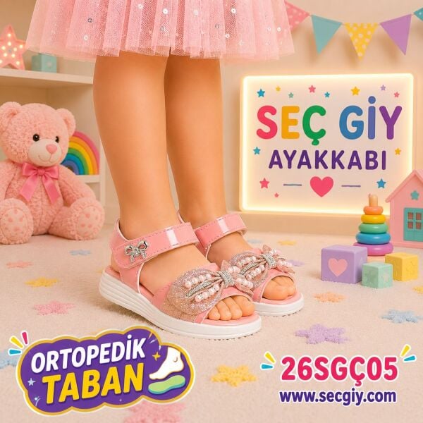 Pembe Taş Detaylı Kız Çocuk Ortopedik Tabanlı Sandalet