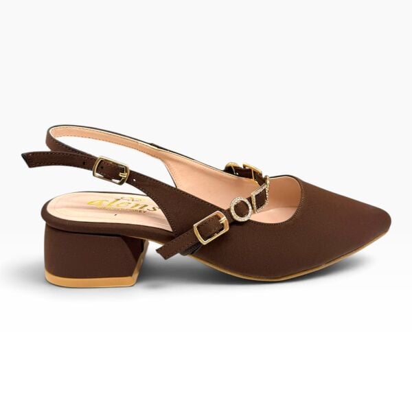 Kahverengi Taş Aksesuarlı Sivri Burun Kadın Babet – 3 cm Topuklu Slingback Ayakkabı