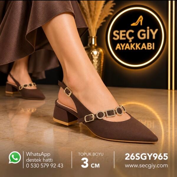 Kahverengi Taş Aksesuarlı Sivri Burun Kadın Babet – 3 cm Topuklu Slingback Ayakkabı
