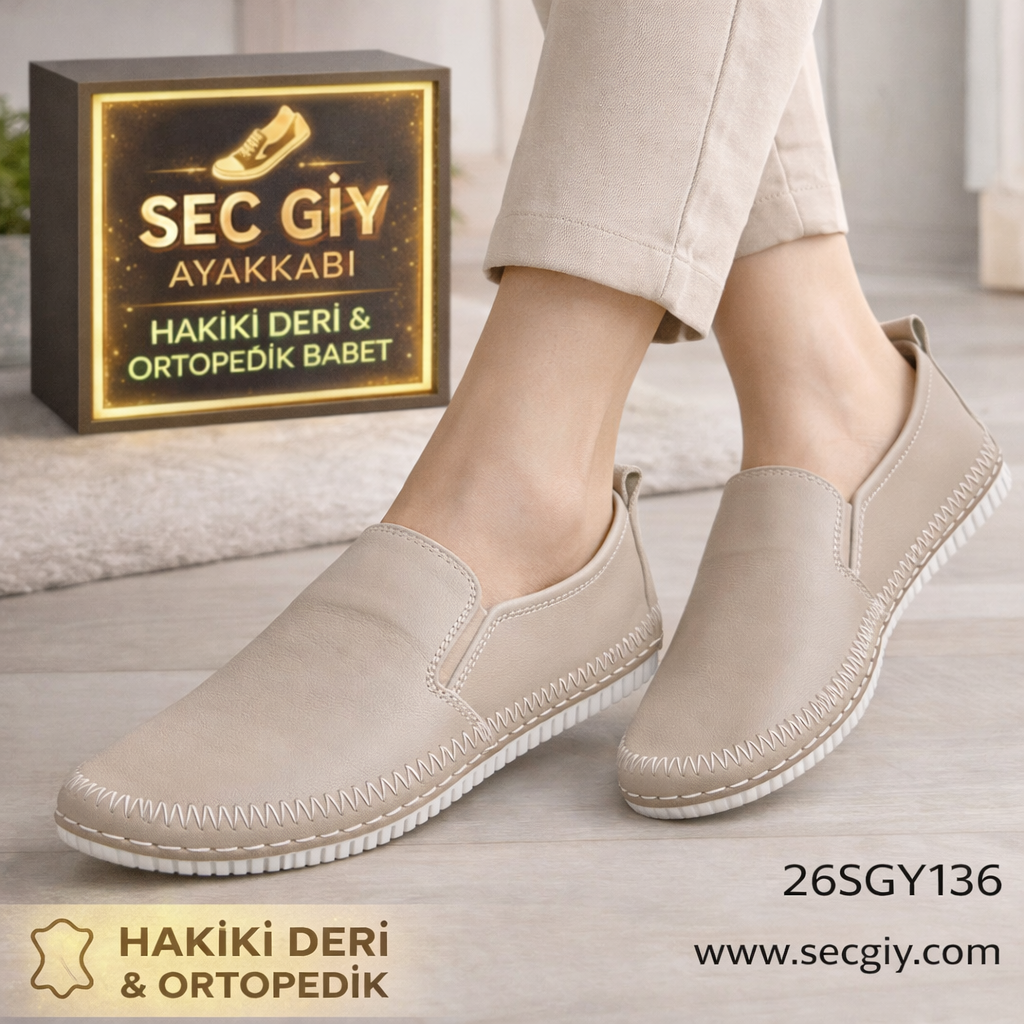 Bej Hakiki Deri Ortopedik Bayan Babet – Günlük Rahat Ayakkabı