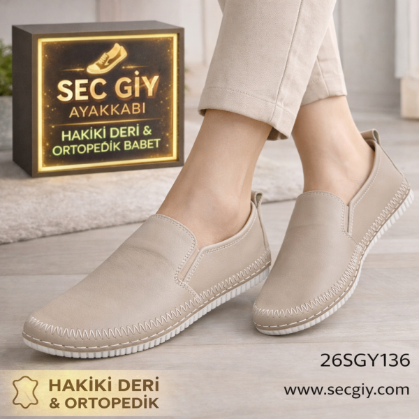 Bej Hakiki Deri Ortopedik Bayan Babet – Günlük Rahat Ayakkabı