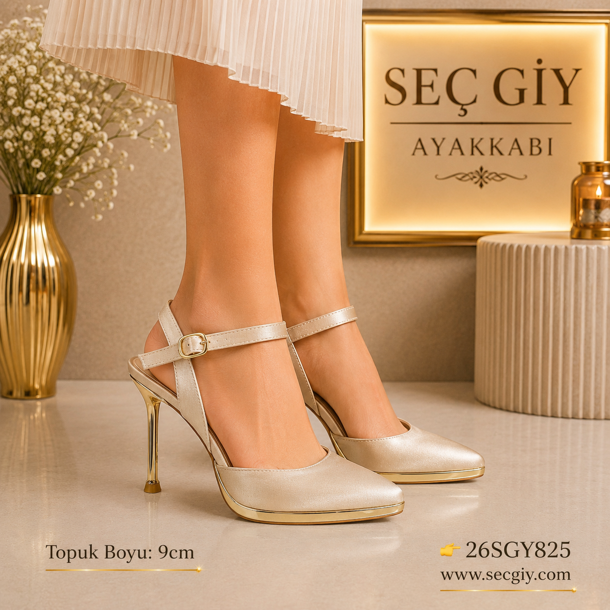 Krem Bilekten Bantlı Platform Kadın Stiletto Topuklu Ayakkabı 9 cm