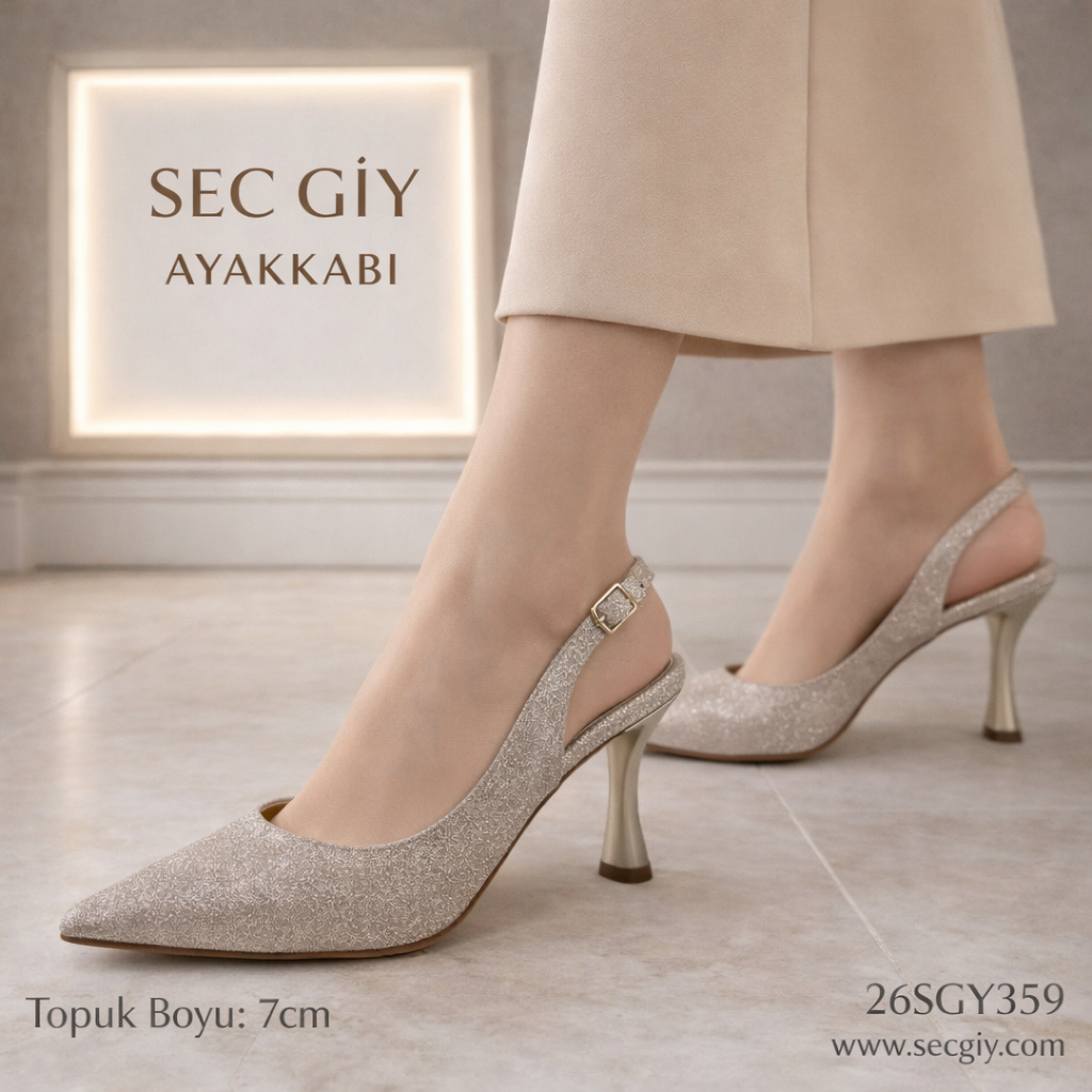 Şampanya Simli 7 cm İnce Topuklu Slingback Kadın Ayakkabı – Sivri Burun Abiye Model