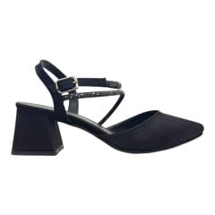 Siyah Taş Detaylı Çift Bant Kalın Topuk Abiye Ayakkabı