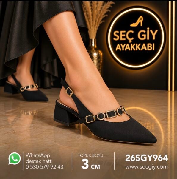 Siyah Taş Aksesuarlı Sivri Burun Kadın Babet – 3 cm Topuklu Slingback Ayakkabı