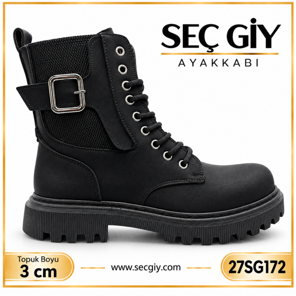 Kadın Siyah Tokalı Bağcıklı Postal Bot 3 cm Kalın Tabanlı Fermuarlı Bot