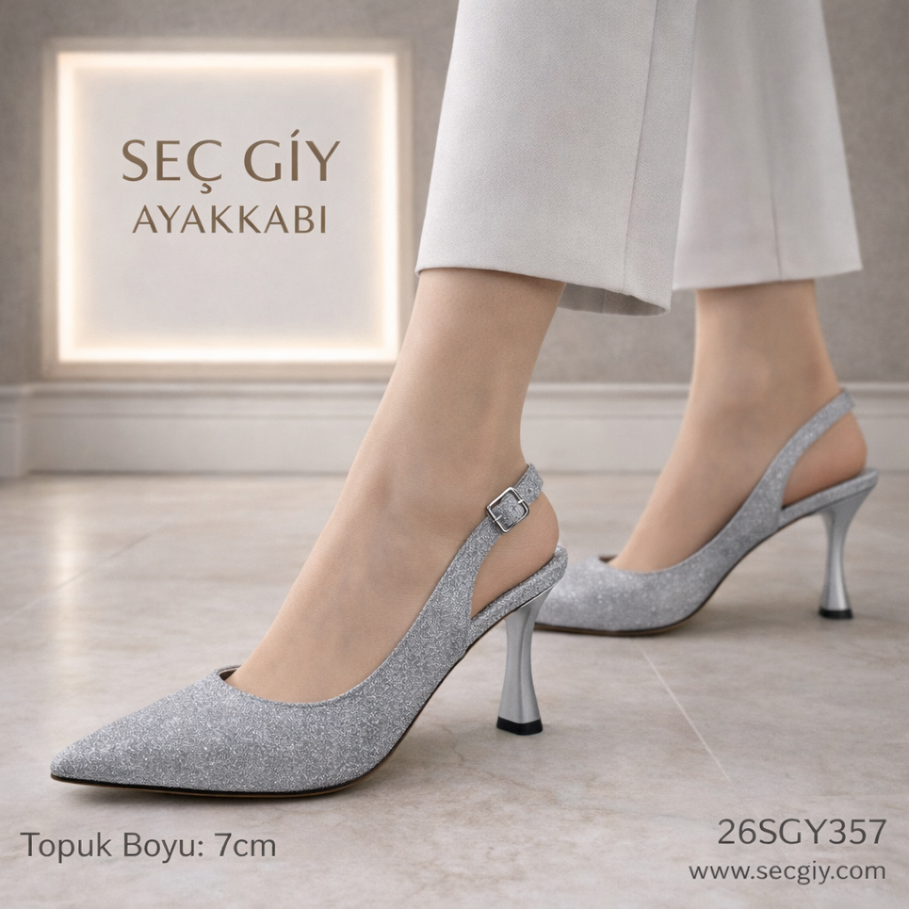 Gümüş Simli 7 cm İnce Topuklu Slingback Kadın Ayakkabı – Sivri Burun Abiye Model