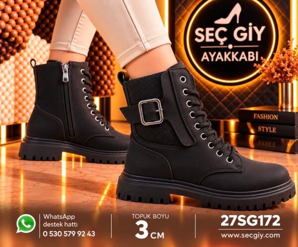 Kadın Siyah Tokalı Bağcıklı Postal Bot 3 cm Kalın Tabanlı Fermuarlı Bot