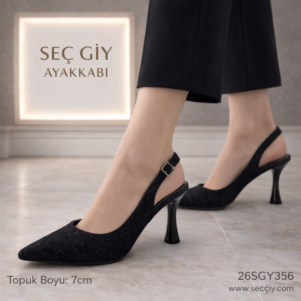 Siyah Simli 7 cm İnce Topuklu Slingback Kadın Ayakkabı – Sivri Burun Abiye Model