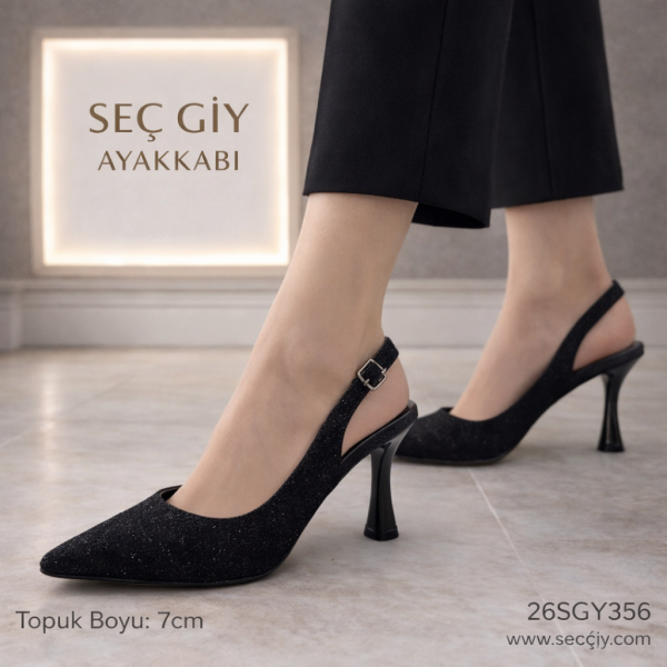 Siyah Simli 7 cm İnce Topuklu Slingback Kadın Ayakkabı – Sivri Burun Abiye Model