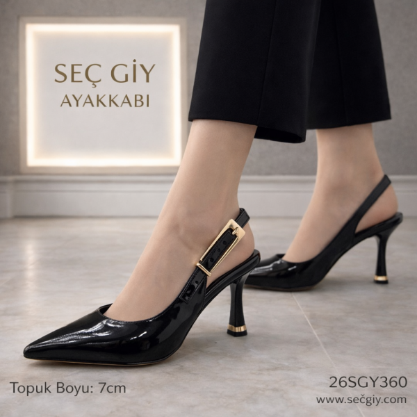 Siyah Rugan 7 cm İnce Topuklu Slingback Kadın Ayakkabı – Gold Tokalı Sivri Burun