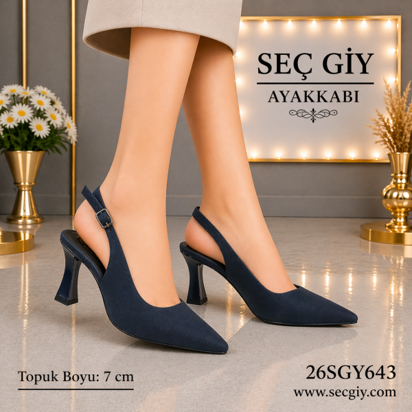 Lacivert Süet Sivri Burun Kadın Topuklu Ayakkabı – 7 cm