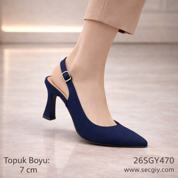 Lacivert Süet Sivri Burun Kadın Topuklu Ayakkabı – 7 cm