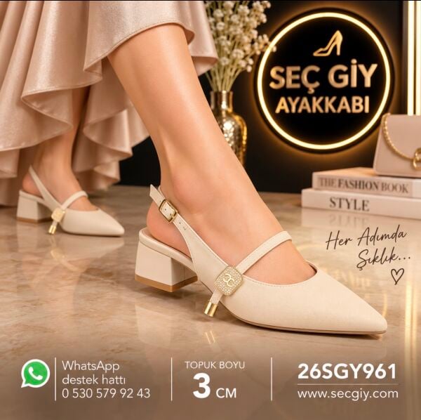 Bej Taş Aksesuarlı Sivri Burun Kadın Babet – 3 cm Topuklu Slingback Ayakkabı