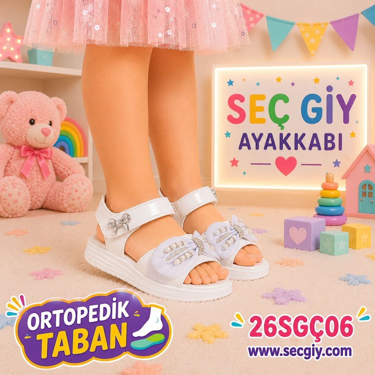Beyaz Fiyonk Detaylı Kız Çocuk Ortopedik Tabanlı Sandalet