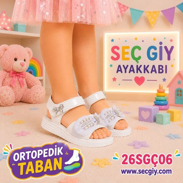 Beyaz Fiyonk Detaylı Kız Çocuk Ortopedik Tabanlı Sandalet