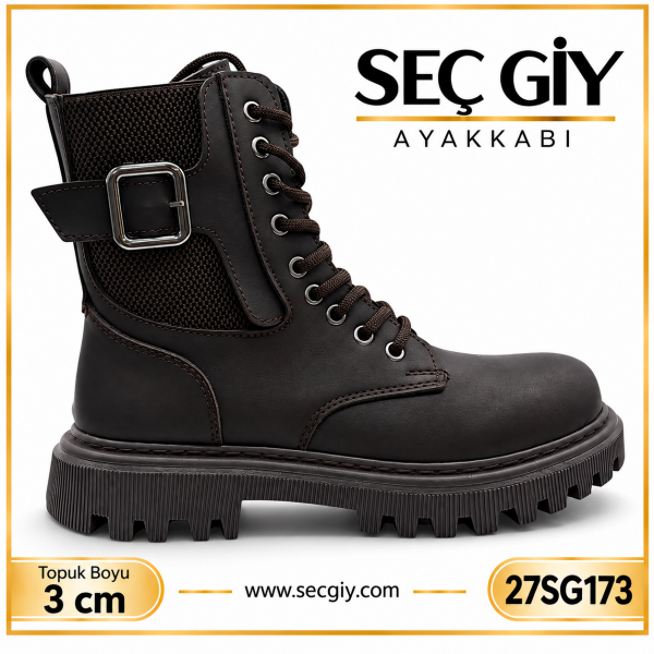 Kadın Acı Kahve Tokalı Bağcıklı Postal Bot 3 cm Kalın Tabanlı Fermuarlı Bot