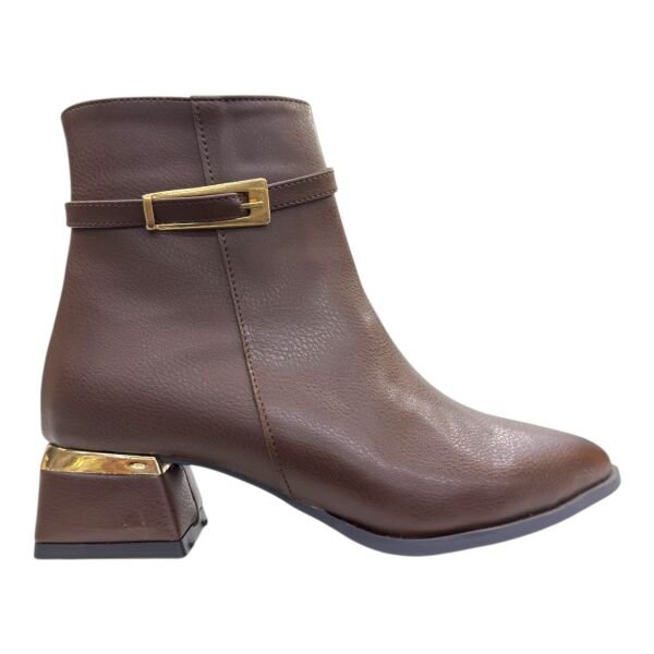 Kahverengi Gold Tokalı Blok Topuklu Bilek Boy Bot, Şık Tasarım