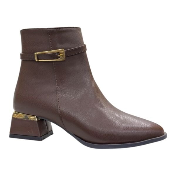 Kahverengi Gold Tokalı Blok Topuklu Bilek Boy Bot, Şık Tasarım