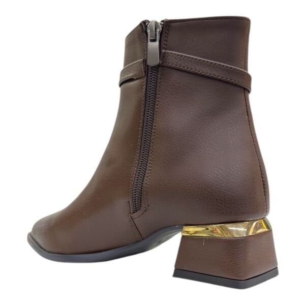 Kahverengi Gold Tokalı Blok Topuklu Bilek Boy Bot, Şık Tasarım