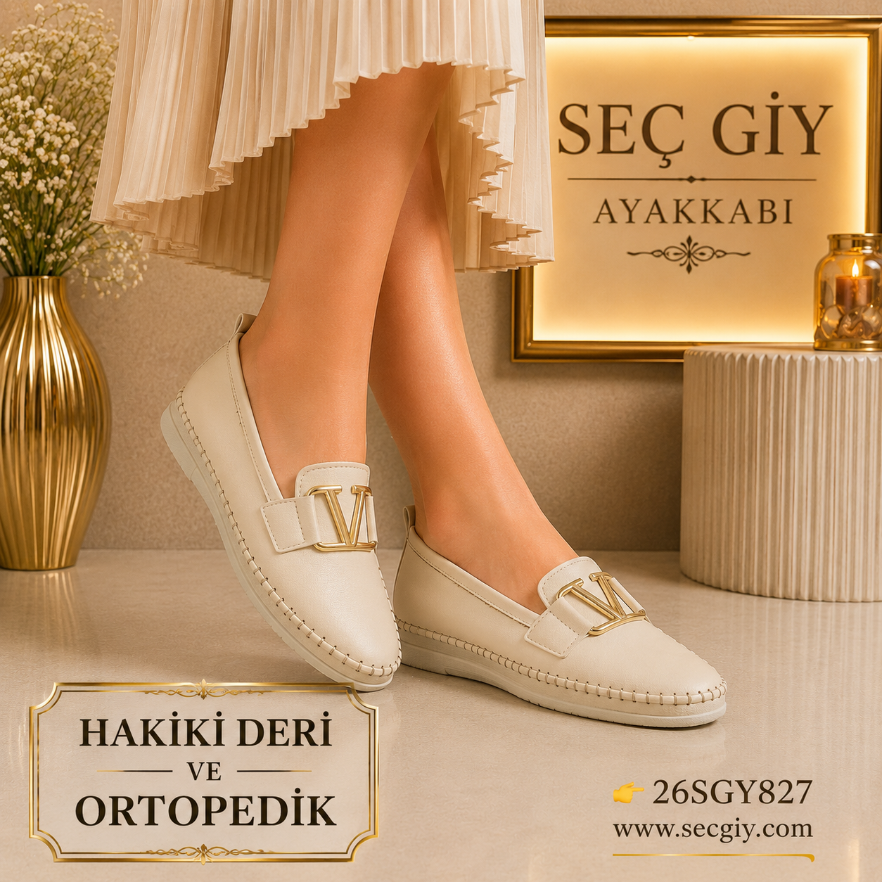 Krem Hakiki Deri Kadın Loafer Ayakkabı Ortopedik Taban