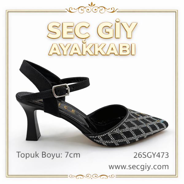 Siyah Taş Detaylı Sivri Burun 7 cm Topuklu Kadın Ayakkabı – Bilekten Bantlı Şık Model