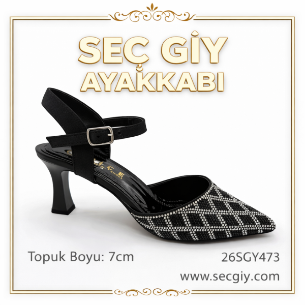 Siyah Taş Detaylı Sivri Burun 7 cm Topuklu Kadın Ayakkabı – Bilekten Bantlı Şık Model