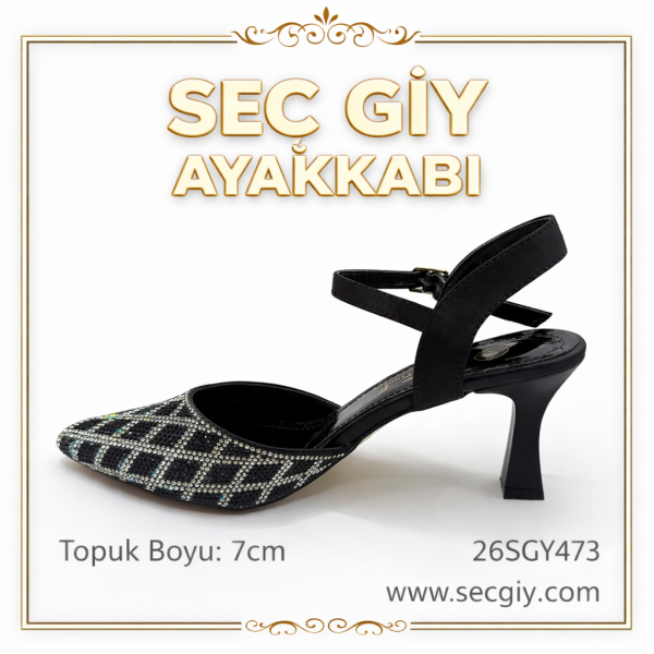 Siyah Taş Detaylı Sivri Burun 7 cm Topuklu Kadın Ayakkabı – Bilekten Bantlı Şık Model