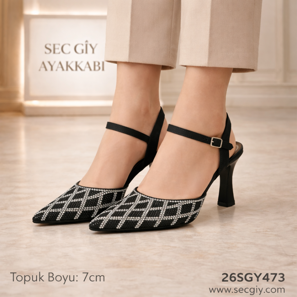 Siyah Taş Detaylı Sivri Burun 7 cm Topuklu Kadın Ayakkabı – Bilekten Bantlı Şık Model