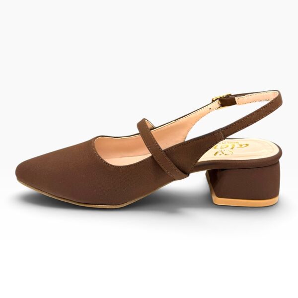 Kahverengi Taş Aksesuarlı Sivri Burun Kadın Babet – 3 cm Topuklu Slingback Ayakkabı