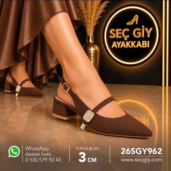 Kahverengi Taş Aksesuarlı Sivri Burun Kadın Babet – 3 cm Topuklu Slingback Ayakkabı