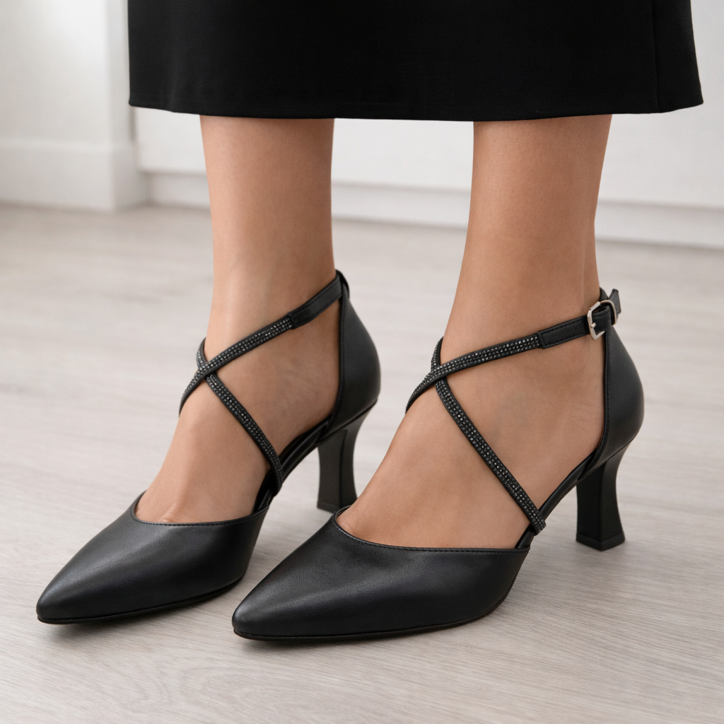 Siyah Çapraz Kristal Bantlı Stiletto