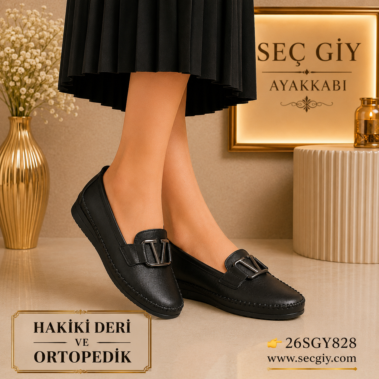 Siyah Hakiki Deri Kadın Loafer Ayakkabı Ortopedik Taban