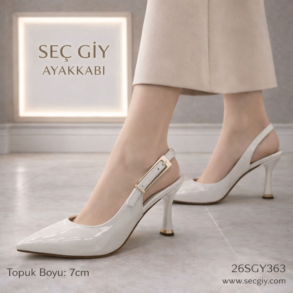 Beyaz Rugan 7 cm İnce Topuklu Slingback Kadın Ayakkabı – Gold Tokalı Sivri Burun