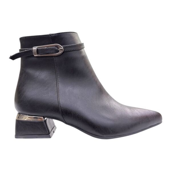 Siyah Gümüş Tokalı Blok Topuklu Bilek Boy Bot, Sivri Burun