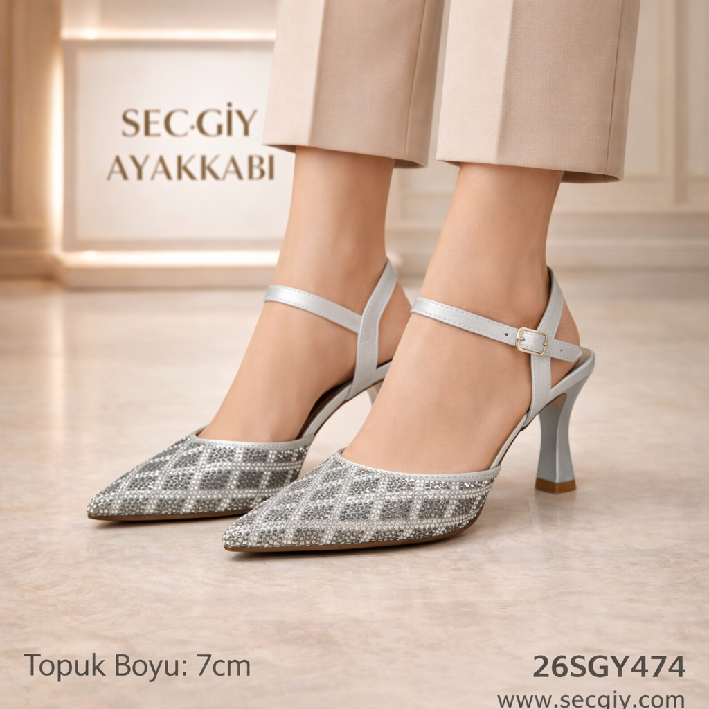 Gri Taş Desenli Sivri Burun 7 cm Topuklu Kadın Ayakkabı – Bilekten Bantlı Şık Model
