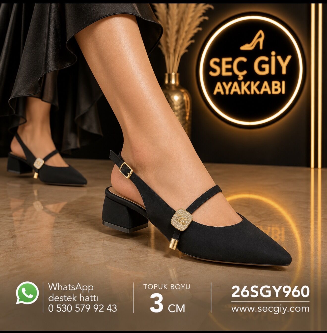 Siyah Taş Aksesuarlı Sivri Burun Kadın Babet – 3 cm Topuklu Slingback Ayakkabı