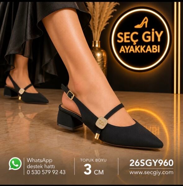 Siyah Taş Aksesuarlı Sivri Burun Kadın Babet – 3 cm Topuklu Slingback Ayakkabı