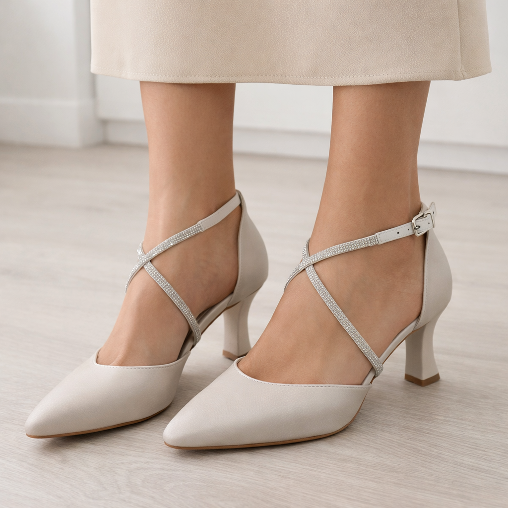 Krem Çapraz Kristal Bantlı Stiletto
