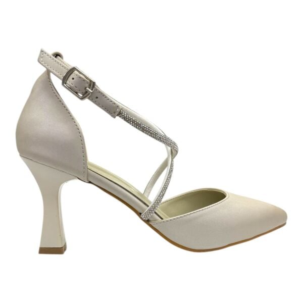 Krem Çapraz Kristal Bantlı Stiletto