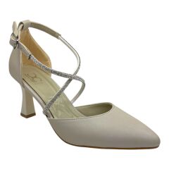 Krem Çapraz Kristal Bantlı Stiletto